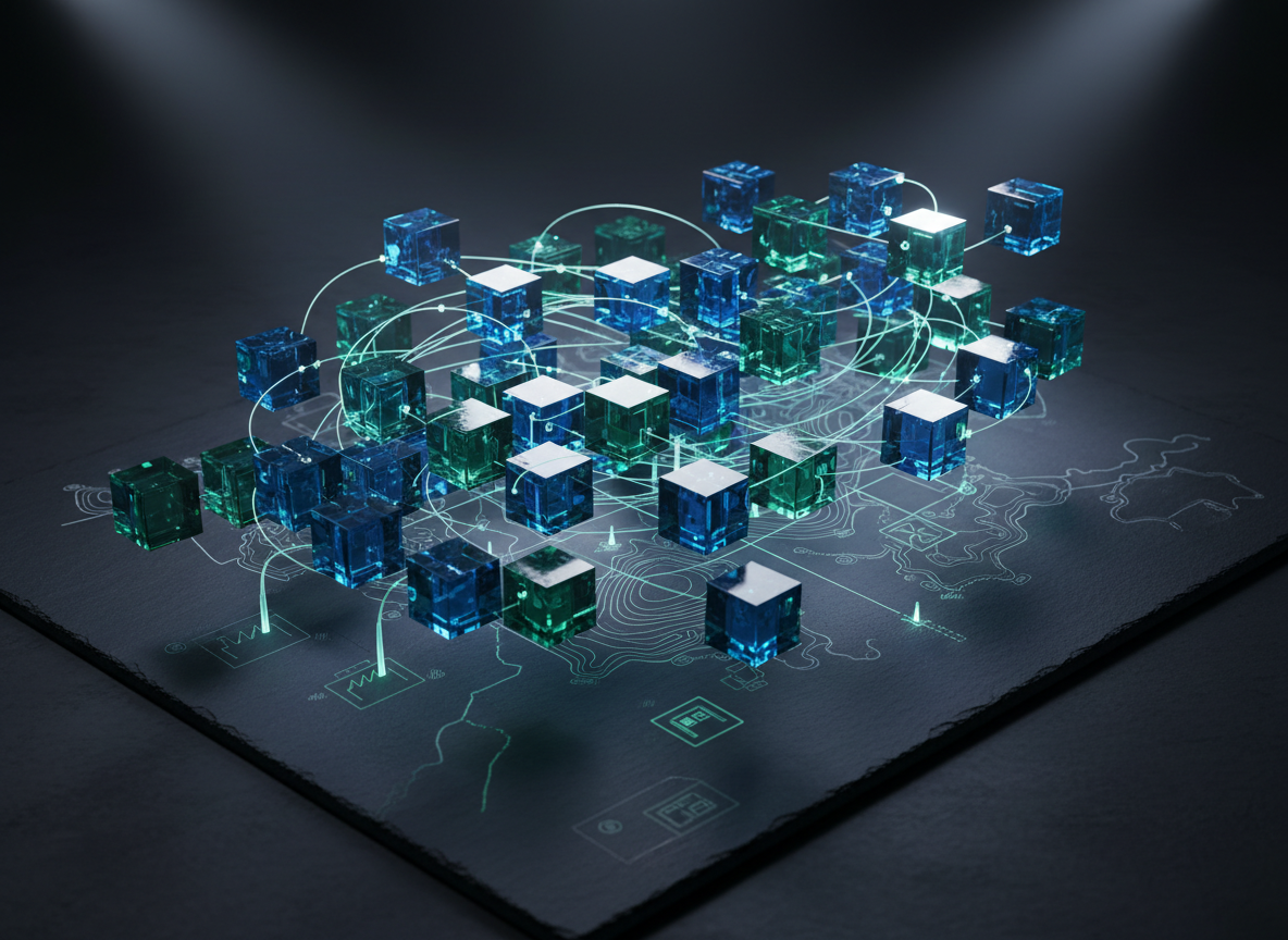 An abstract yet photographic visualization of agentic AI for supply chain coordination, depicted as a network of translucent, glass-like cubes hovering above a stylized map of interconnected factories and warehouses. Each cube emits a soft inner glow in shades of blue and emerald, linked by thin, luminous pathways that curve gracefully across the scene. The map beneath is minimal, with subtle topographic lines and faint location markers on a dark slate surface. Overhead spotlights create crisp reflections and highlights on the glass surfaces, while the edges cast delicate, geometric shadows. Shot from a high, three-quarter angle, the composition feels dynamic and precise, conveying autonomy, coordination, and intelligence with a clean, modern aesthetic ideal for a professional portfolio on agentic AI.