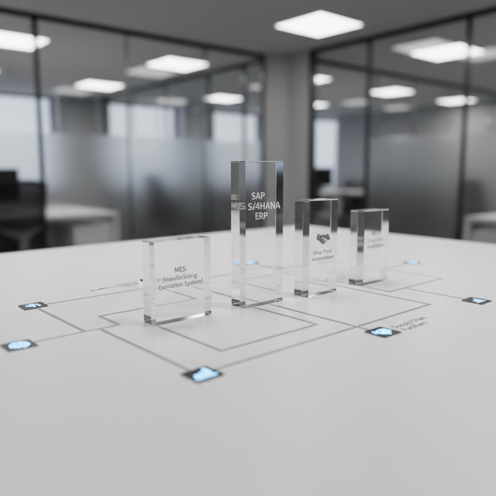 An ultra-clean SAP transformation landscape diagram brought to life in photographic realism as if it were a physical installation on a large, matte white table. Raised, acrylic blocks in varying heights represent ERP, MES, and manufacturing execution layers, connected by fine metallic lines embedded in the tabletop. Small, illuminated icons indicate integrations with AI agents, supply chain partners, and analytics platforms. Overhead, soft studio lighting creates gentle shadows and crisp edges, highlighting the precision of each component. The background is an unfocused, light gray office setting with glass partitions, maintaining a professional, enterprise feel. Shot from a low, three-quarter angle with sharp focus on the foreground elements, the scene conveys structured complexity, modernization, and deliberate design in SAP-enabled digital transformation.