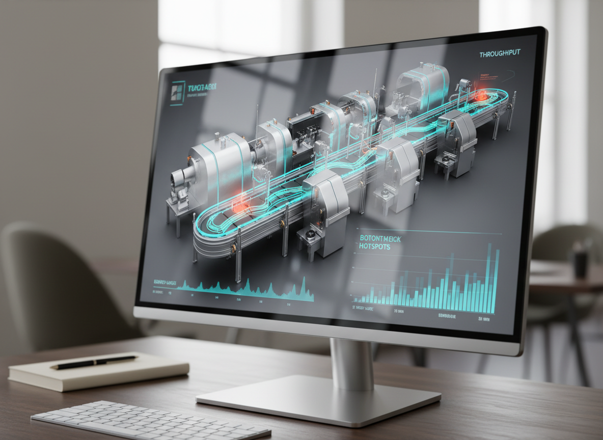 A stylized, photographic close-up of a digital twin representation of a manufacturing line, displayed on a high-resolution, frameless monitor with a thin brushed-metal stand. The 3D line model is rendered in precise steel grays and accent neon blues, with animated overlays showing throughput, energy usage, and bottleneck hotspots as glowing gradients. The monitor sits on a tidy, dark wood desktop with a subtle grain pattern, next to a minimalist notebook and a slim wireless keyboard. Soft daylight from a nearby unseen window casts gentle, natural reflections along the monitor’s glass surface. Captured from a slightly angled side view with shallow depth of field, the background falls into a smooth bokeh of neutral office tones, creating a focused, professional atmosphere centered on decision intelligence and process optimization.