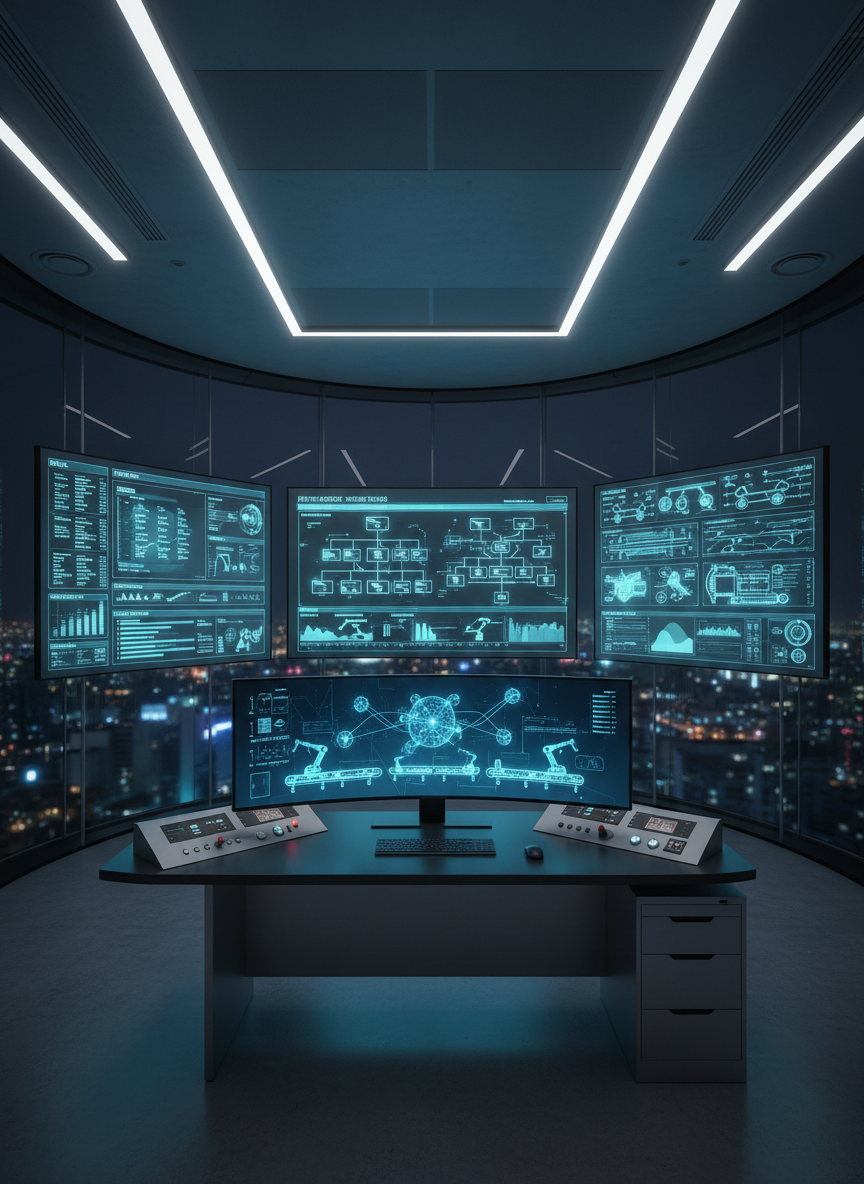 A sleek, glass-walled advanced manufacturing control room at night, filled with wall-mounted dashboards displaying real-time production metrics, AI decision trees, and digital twin simulations in cool blues and teals. In the center, a large, curved ultra-wide monitor shows a stylized network of agentic AI nodes orchestrating factory lines. Soft, indirect LED lighting from the ceiling creates gentle reflections on a matte black desk surface and brushed aluminum hardware. The scene is captured in photographic realism from a slightly elevated, wide-angle perspective, with sharp focus throughout. The atmosphere is calm, analytical, and highly professional, conveying intelligent oversight and confidence in data-driven decision-making for smart manufacturing operations.