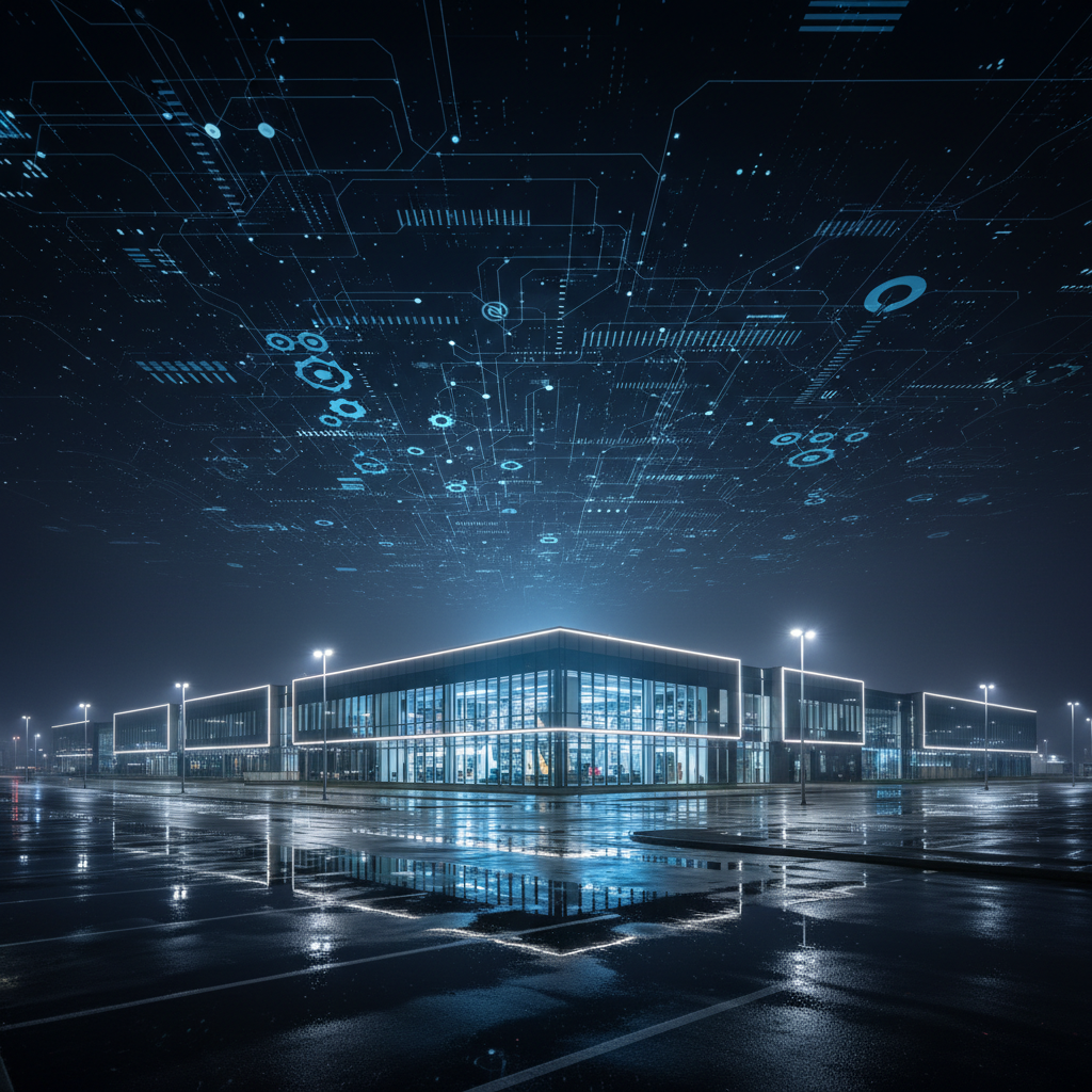 A nighttime exterior view of a modern manufacturing campus, presented in photographic realism, with clean-lined buildings accented by continuous glass façades and subtle architectural lighting. Above the plant, semi-transparent, glowing circuit-like patterns and iconography float in the sky, symbolizing pervasive agentic AI, IoT connectivity, and decision intelligence guiding operations. The parking areas and access roads are sparsely lit, with reflections shimmering on wet asphalt as if after a light rain. Cool white and soft blue illumination from windows and pathway lights creates a composed, high-tech atmosphere. Captured from a slightly low, wide-angle perspective, the image balances sharp detail in the foreground with a gradual softening toward the horizon, suggesting scale, integration, and a confident, future-oriented manufacturing ecosystem.
