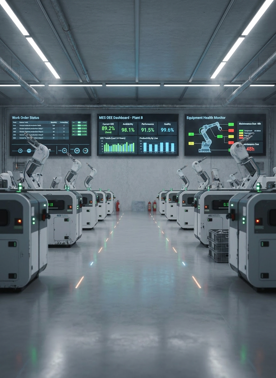 A high-tech smart factory floor rendered in photographic realism, with rows of modular industrial machines connected by glowing, translucent data streams arching above them like subtle light trails. The machines have clean, white and gunmetal surfaces with small indicator lights, and the polished concrete floor reflects soft overhead illumination. In the background, large digital displays show synchronized production schedules, supply chain statuses, and predictive maintenance alerts. Cool, diffused white lighting from linear LEDs overhead creates minimal shadows and a clinical yet efficient feel. Shot from an eye-level perspective using the rule of thirds, the composition guides the eye from foreground equipment to background dashboards, emphasizing a modern, AI-orchestrated manufacturing environment that is orderly, scalable, and future-ready.
