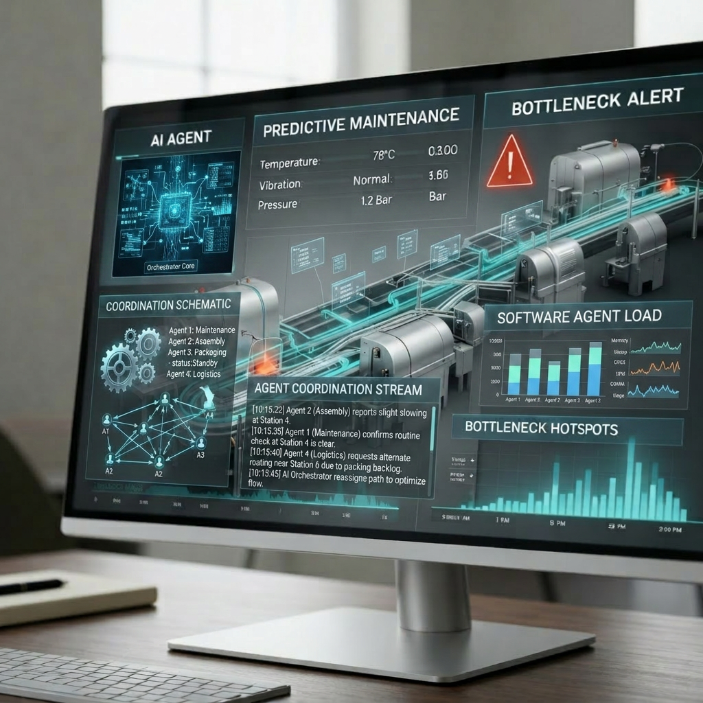 A stylized, photographic close-up of a digital twin representation of a manufacturing line, displayed on a high-resolution, frameless monitor with a thin brushed-metal stand. The 3D line model is rendered in precise steel grays and accent neon blues, with animated overlays showing throughput, energy usage, and bottleneck hotspots as glowing gradients. The monitor sits on a tidy, dark wood desktop with a subtle grain pattern, next to a minimalist notebook and a slim wireless keyboard. Soft daylight from a nearby unseen window casts gentle, natural reflections along the monitor’s glass surface. Captured from a slightly angled side view with shallow depth of field, the background falls into a smooth bokeh of neutral office tones, creating a focused, professional atmosphere centered on decision intelligence and process optimization.