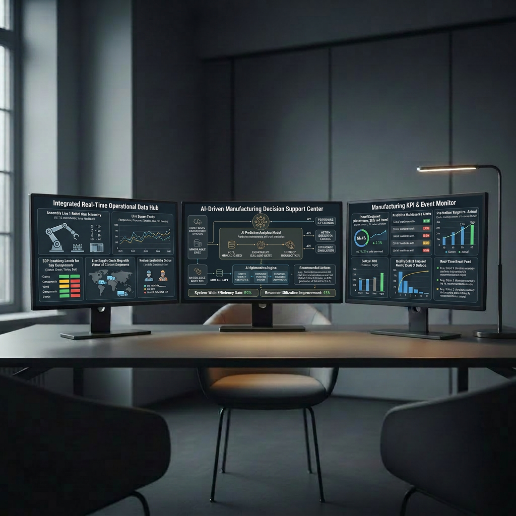 A sophisticated decision cockpit dashboard for manufacturing executives, displayed across three frameless, ultra-wide monitors on a matte charcoal desk in a minimalist office. The left screen shows cascading decision trees and scenario simulations, the center presents an integrated view of KPIs, and the right displays a world map of supply chain flows with real-time risk indicators. Subtle accent colors in blues and oranges stand out against dark, well-organized interfaces. Warm, indirect ambient lighting from a modern desk lamp off-frame combines with cool daylight from a side window, creating a balanced, professional ambiance. Photographic realism, captured from a slightly elevated angle, emphasizes clean lines and reflections on the desk surface, evoking clarity, control, and strategic foresight in digital transformation leadership.
