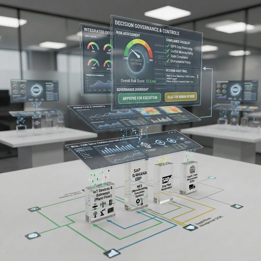 An ultra-clean SAP transformation landscape diagram brought to life in photographic realism as if it were a physical installation on a large, matte white table. Raised, acrylic blocks in varying heights represent ERP, MES, and manufacturing execution layers, connected by fine metallic lines embedded in the tabletop. Small, illuminated icons indicate integrations with AI agents, supply chain partners, and analytics platforms. Overhead, soft studio lighting creates gentle shadows and crisp edges, highlighting the precision of each component. The background is an unfocused, light gray office setting with glass partitions, maintaining a professional, enterprise feel. Shot from a low, three-quarter angle with sharp focus on the foreground elements, the scene conveys structured complexity, modernization, and deliberate design in SAP-enabled digital transformation.