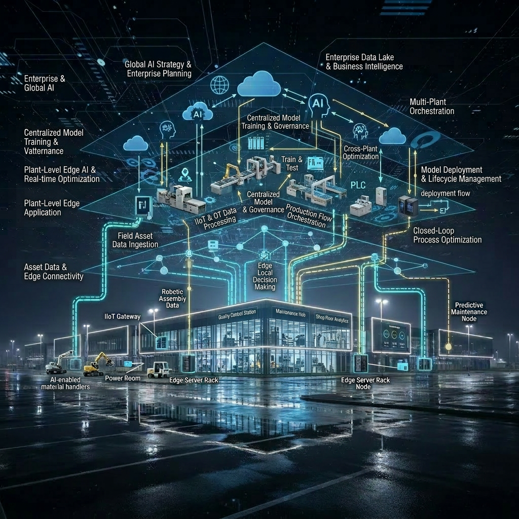 A nighttime exterior view of a modern manufacturing campus, presented in photographic realism, with clean-lined buildings accented by continuous glass façades and subtle architectural lighting. Above the plant, semi-transparent, glowing circuit-like patterns and iconography float in the sky, symbolizing pervasive agentic AI, IoT connectivity, and decision intelligence guiding operations. The parking areas and access roads are sparsely lit, with reflections shimmering on wet asphalt as if after a light rain. Cool white and soft blue illumination from windows and pathway lights creates a composed, high-tech atmosphere. Captured from a slightly low, wide-angle perspective, the image balances sharp detail in the foreground with a gradual softening toward the horizon, suggesting scale, integration, and a confident, future-oriented manufacturing ecosystem.
